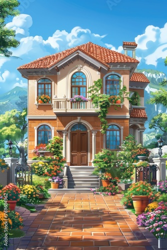 a beautiful old ancient big villa house entrance with beautiful flowers