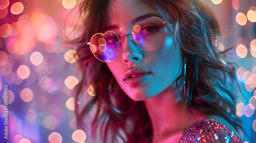 Cheerful young woman wearing heart-shaped glasses and shiny disco clothes. Party and celebration concept for design and print. Colorful blurred background photography with bokeh effect