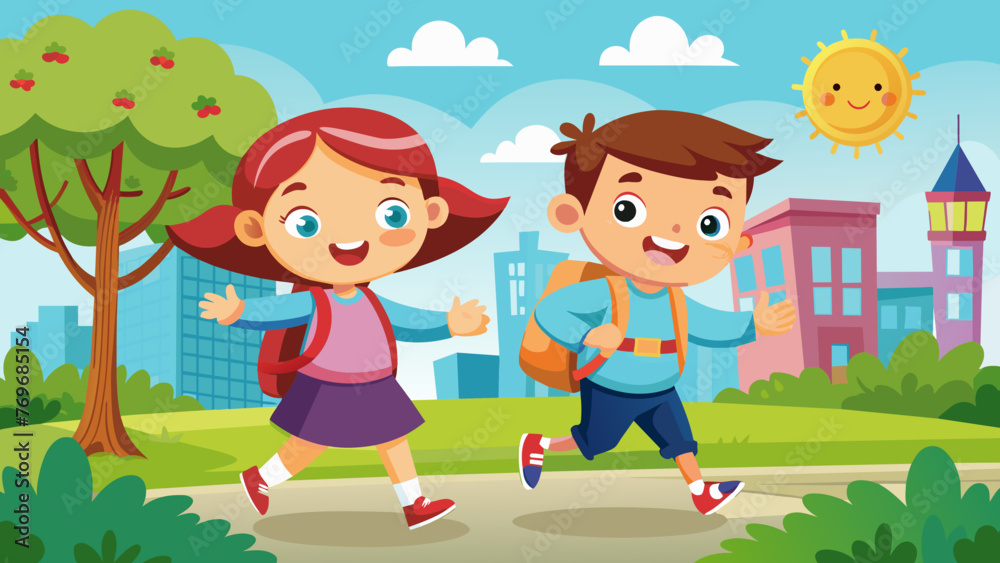 school kids two happy kids going to school