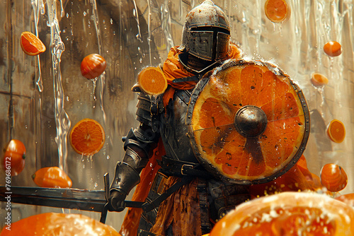 Vitamin C as a knight, wielding a shield against infections and an antioxidant sword, in a battle against free radicals photo