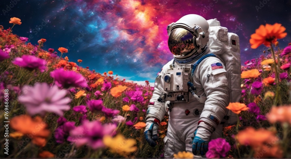 Astronaut on floral field