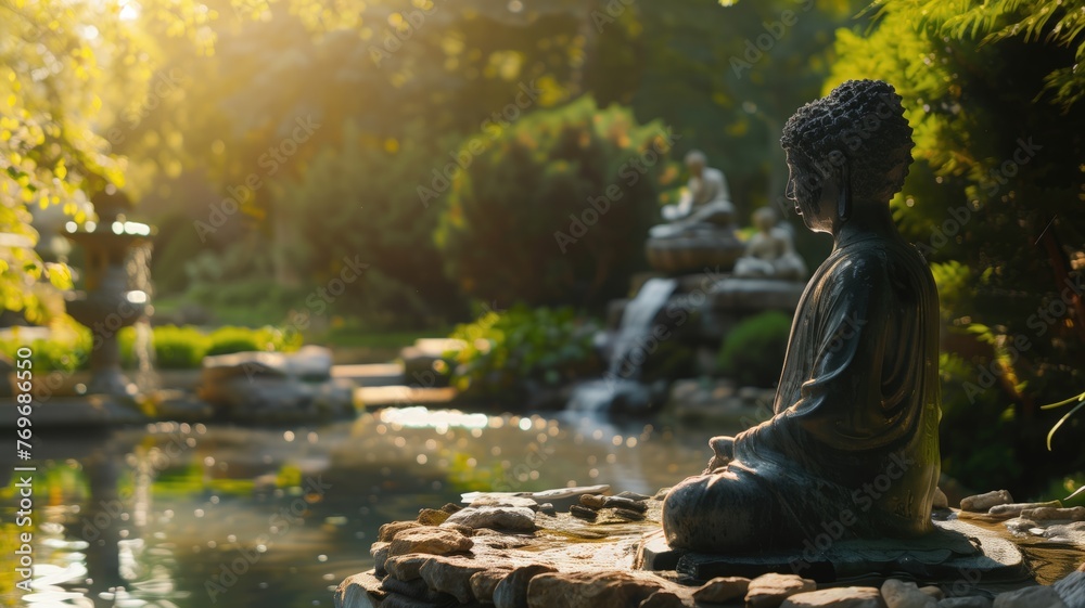 A bronze Buddha statue in meditation by a tranquil pond surrounded lush greenery under soft sunlight.