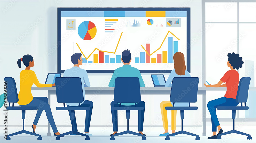 Company Operations Manager Holds Meeting Presentation. Diverse Team Uses TV Screen with Growth Analysis, Charts, Statistics and Data. People Work in Business Office. Company Operations Manager Holds Meeting Presentation. Diverse Team Uses TV Screen with Growth Analysis, Charts, Statistics and Data. People Work in Business Office.