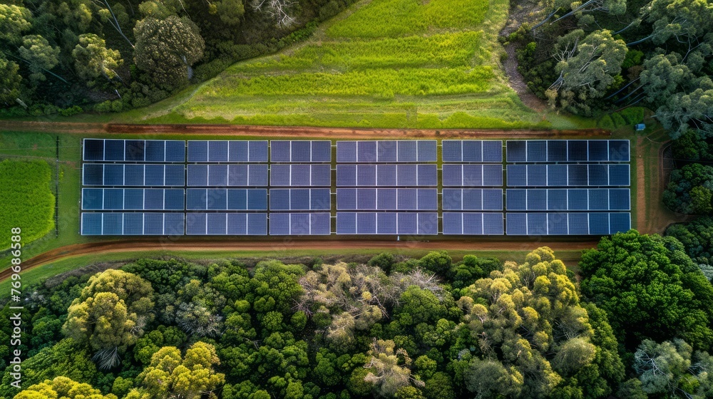 Solar panel installation near a lush forest. - obrazy, fototapety, plakaty 