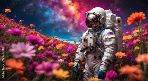 Astronaut on floral field