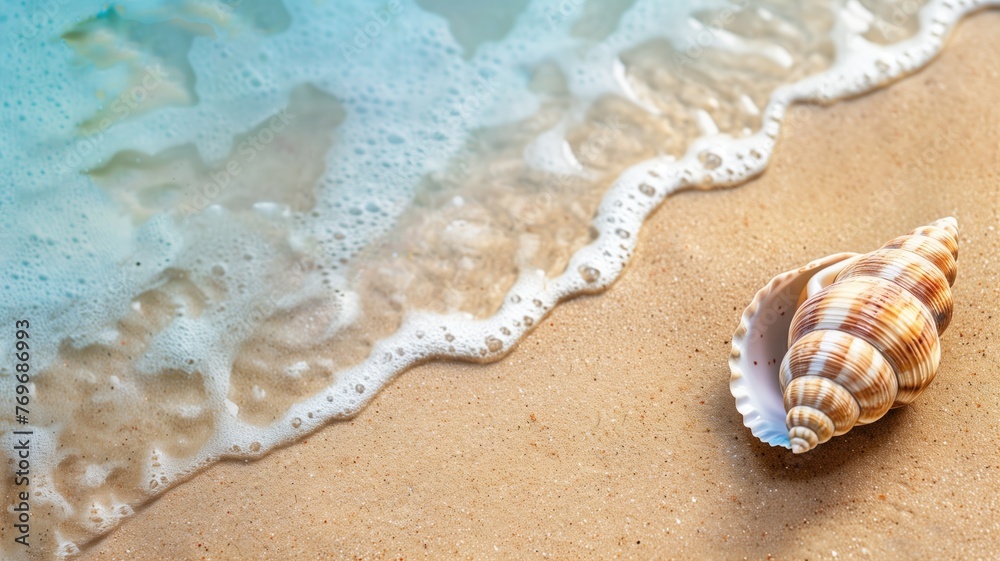 Seashell on the beach with waves gently lapping at sandy shore, creating a serene coastal scene. - obrazy, fototapety, plakaty 