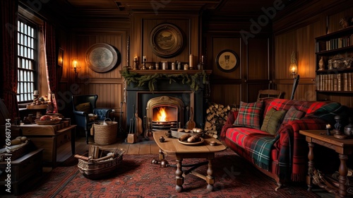 Inviting Highland Living Room with Warm Tartan Fabrics,Cozy Fireplace,and Antique Wooden Furnishings in Detailed