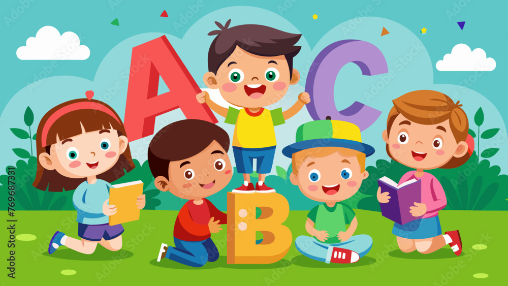 vector illustration of cartoon kids with 123 numbe