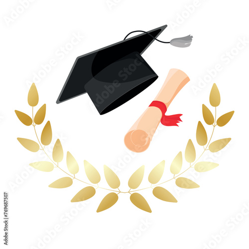 Graduation cap with paper scroll diploma in a golden laurel wreath vector isolated on white background.Academician graduation hat with tassel icon. Education concept.Emblem,logo,design element