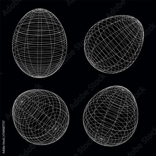 Wireframe egg shape set in different positions, Easter eggs with wireframe line style 3D shape.Vector black and white illustration.