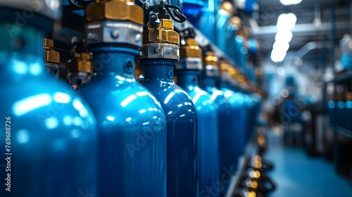 Oxygen cylinder with compressed gas. Blue Oxygen tanks for industry. Factory