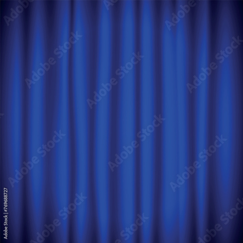 Theater blue curtain with lights as show.Closed silky blue curtain stage background spotlight beam illuminated.Theatrical drapes. Vector illustration