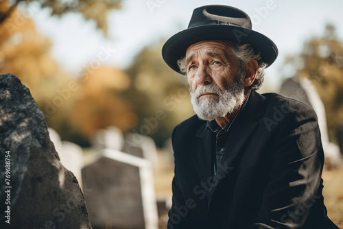 Illustration picture of depressed person grieving at funeral crying farewells at cemetery generative ai