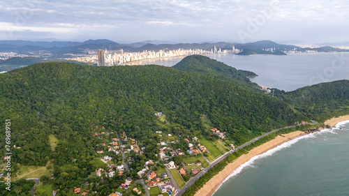 Balneario Camboriu in Santa Catarina. Taquaras Beach and Laranjeiras Beach in Balneario Camboriu. Aerial view in landscape. photo