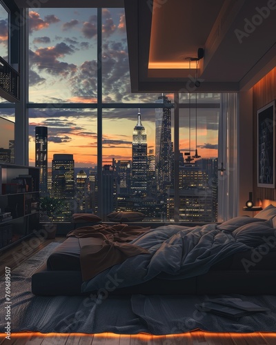a cozy room with a comfortable bed with the view of urban city skyline buildings while sunset or sunrise