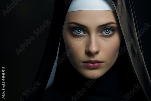 Portrait of a nun on a black background made with generitive ai