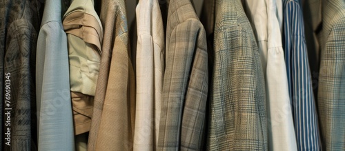 Assorted men's shirts and jackets in calm light colors hanging in a row.