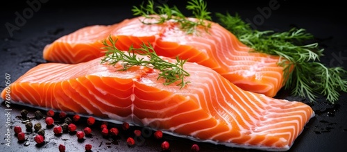 Two slices of salmon, a delicious seafood ingredient, are stacked on a table. This versatile fish can be used in various cuisine dishes with different garnishes