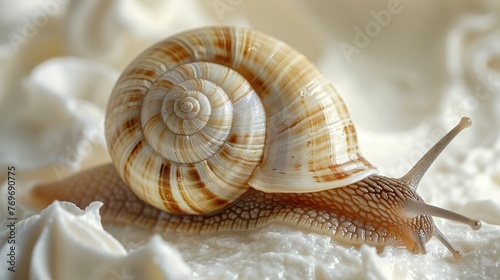 Concept of Snail Mucin or Snail Secretion Filtrate. A snail crawls across the creamy texture of anti-age cosmetics.