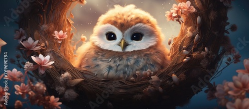 Endearing Chubby Owl Nestled Cozily in Cracked Egg Amidst Serene Watercolor Dreamscape