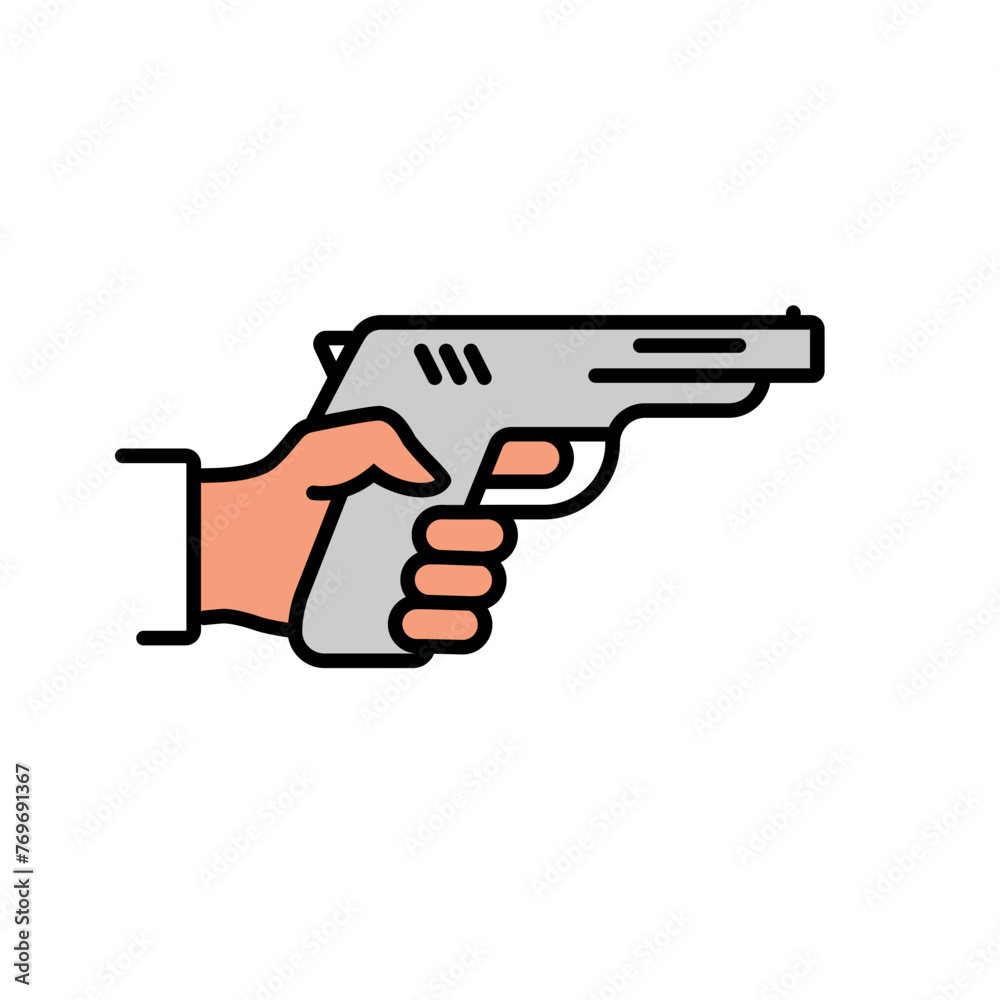 Pistol in hand. Black line icon. Gun in hand human. Firearms silhouette isolated on background. Man is armed for protection or attack. Vector illustration flat design.