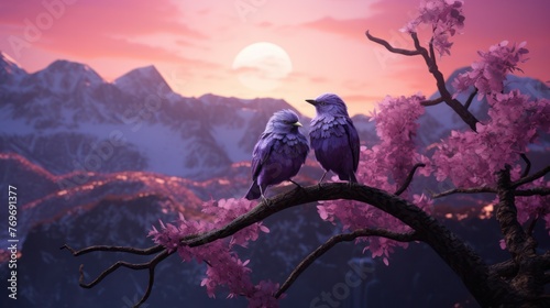 A pair of birds sitting on the branch, background of snow capped mountain photo