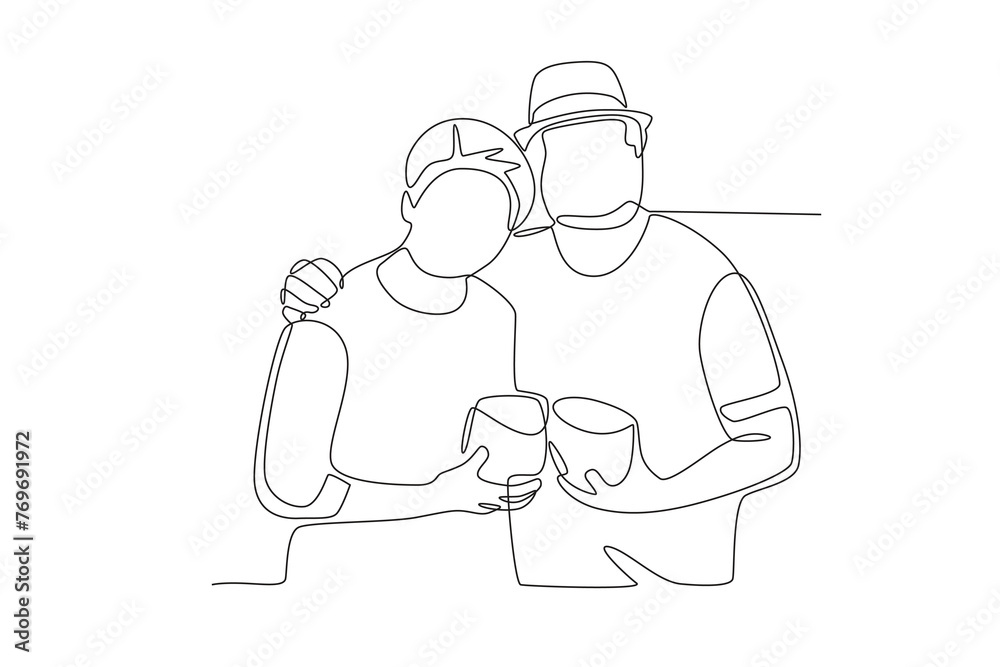 Senior couple enjoying coconut water.Seniors Community one-line drawing