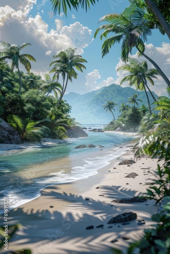 a beautiful tropical beach tourist location with ocean sea and palm trees © DailyLifeImages