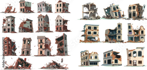 Apartment houses damaged war or earthquake. Broken town buildings vector set