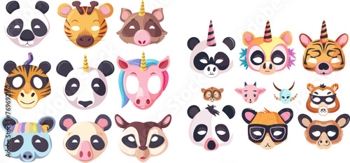 Koala and cow, unicorn and monkey, owl carnival zoo masks vector set