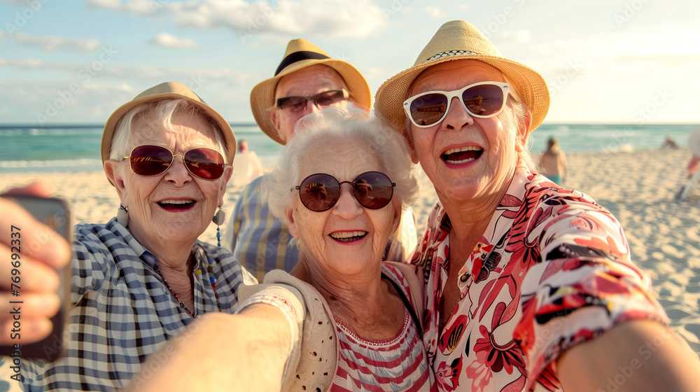 Happy Group of Mature Friends Taking Selfie on the Beach
