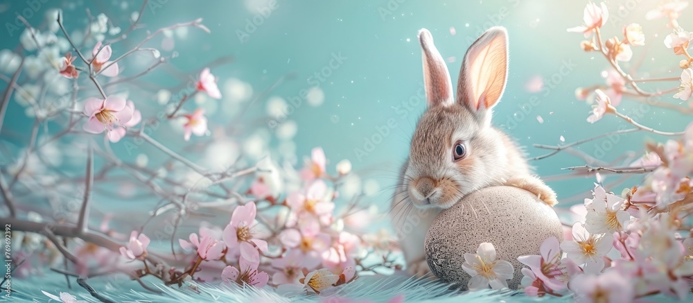 Adorable Rabbit Hatching from Egg Amid Delicate Willow Branches and Vibrant Floral Blooms on Pastel Blue Background