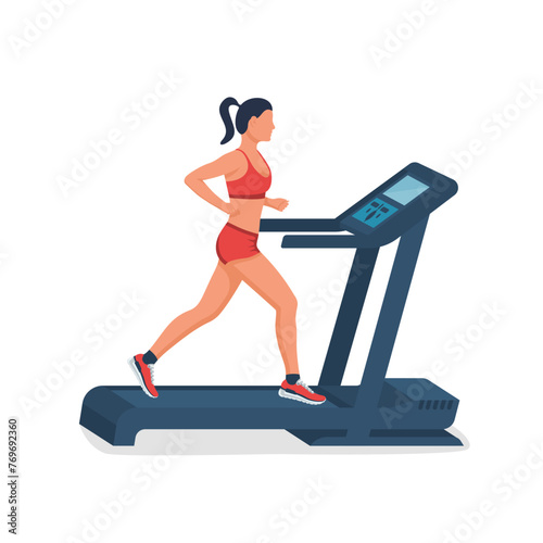 Woman on treadmill. Running simulator. Gym tool. Running woman. Time to run. Vector illustration flat design. Isolated on white background. Young attractive girl. Sports and fitness. Active lifestyle.