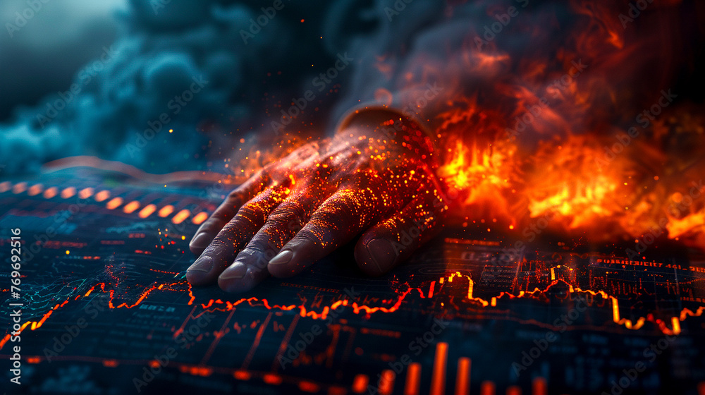 A hand rests on a fiery digital stock market display, symbolizing loss or a market crash - obrazy, fototapety, plakaty 