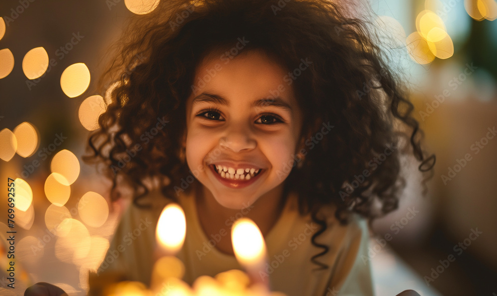 Happy girl Celebrating Birthday with Glowing Cake Candles Happy girl Celebrating Birthday with Glowing Cake Candles