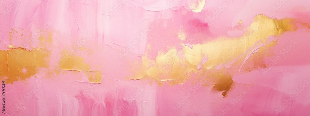 Pink concrete wall with strokes of golden paint. Abstract background.