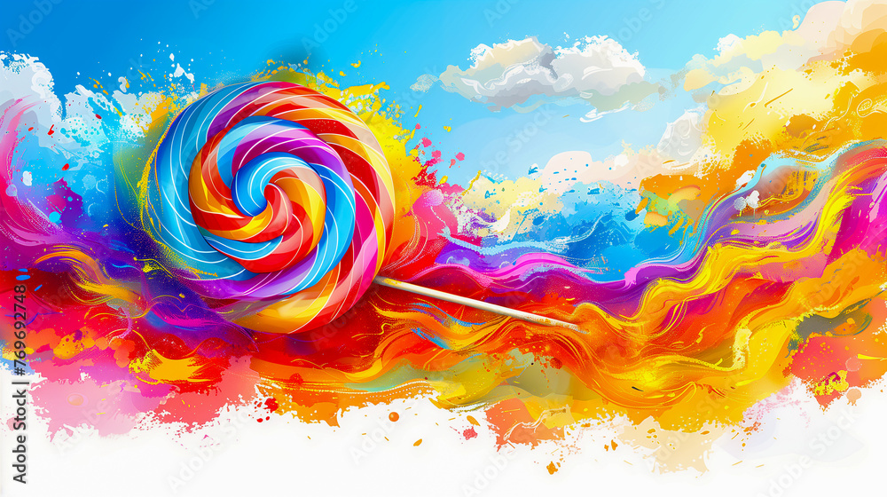 Vibrant swirl lollipop on a dynamic colorful paint splash background with clouds in the sky - obrazy, fototapety, plakaty 