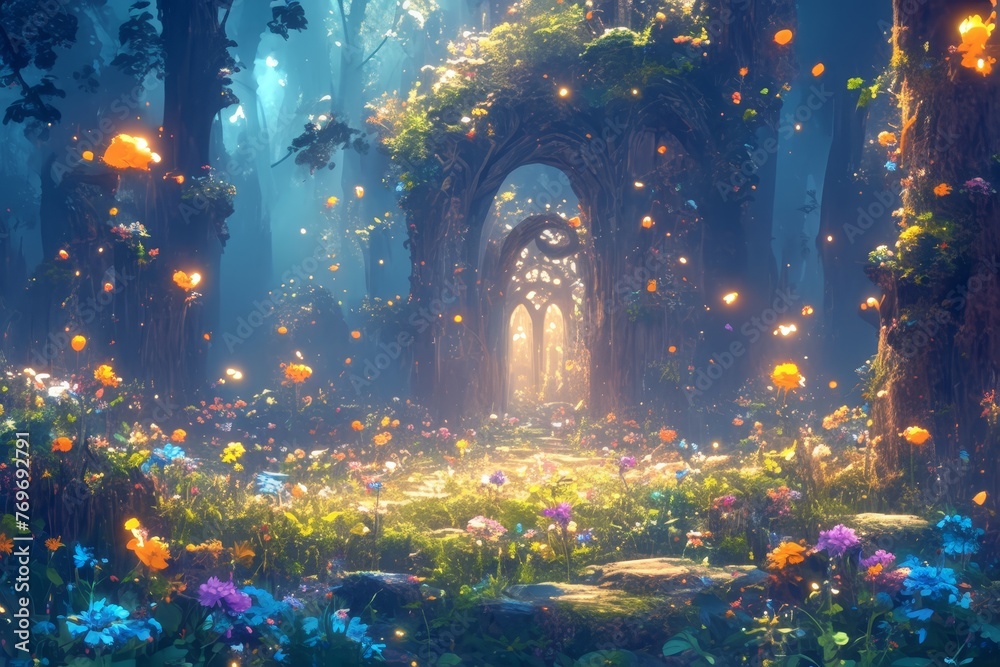 A fantasy forest scene with glowing flowers and fireflies,