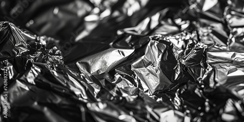 Aluminium foil texture background. Crumpled metal surface close up. Blank glued for wallpaper. surface from wrapping paper. Wrinkled shiny silver foil for banner, poster, overlay and design element