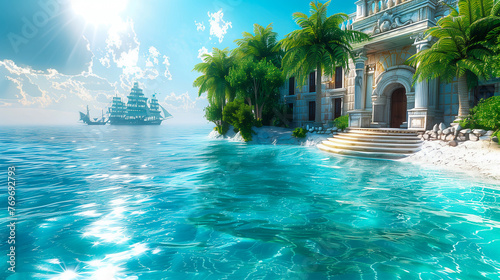 Bright and tranquil seascape with a sailboat  a luxurious waterfront mansion  and palm trees under a sunny sky