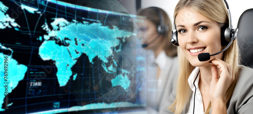 Young friendly operator woman agent with headsets. Beautiful business woman wearing microphone working at office as a telemarketing customer service agent with world map networking connection 
