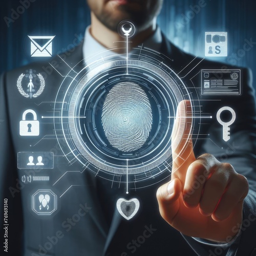 Know your customer (KYC) concept. Businessman holding identity verification symbol for Increase financial security and access personal financial data. Biometrics security. photo