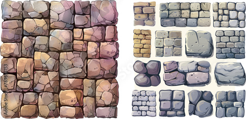 Vector park road paving plan. Bricked and pebbled surface for wall or ground