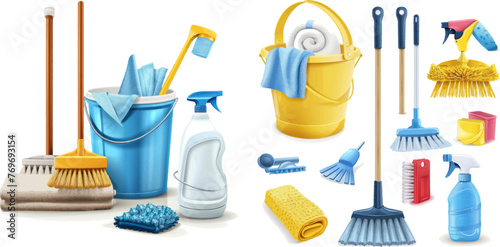 Realistic 3d home cleaning tools, brooms, mop and bucket © Mark