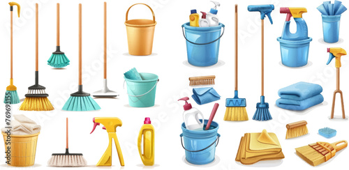 Household cleanup and dish washing chemical products, rags and sponges vector set