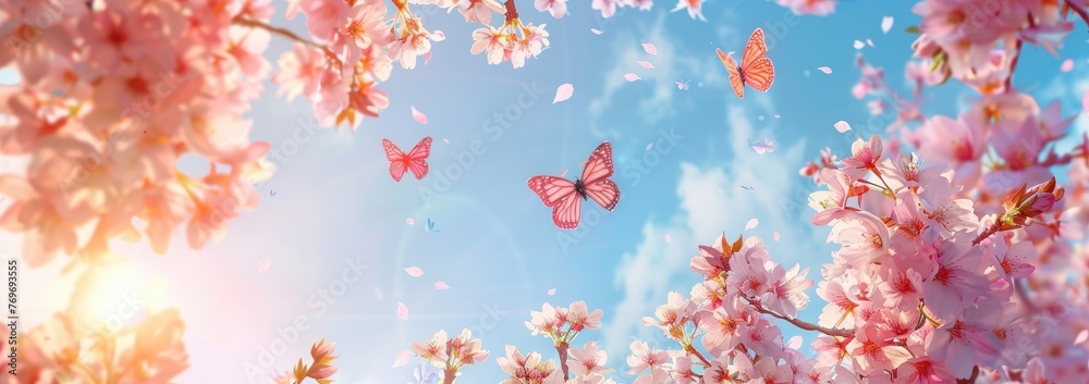 Spring banner, branches of blossoming cherry against a background of blue sky, and butterflies on nature outdoors. Pink sakura flowers, dreamy romantic image spring, landscape panorama, copy space. Spring banner, branches of blossoming cherry against a background of blue sky, and butterflies on nature outdoors. Pink sakura flowers, dreamy romantic image spring, landscape panorama, copy space.