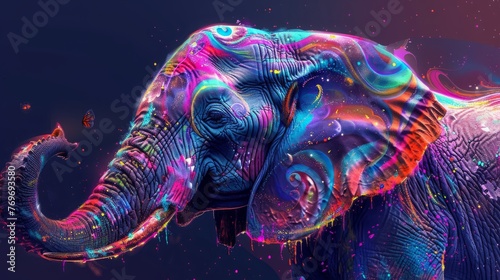 A neon-colored, psychedelic elephant with vibrant, swirling patterns and splashes of paint against a dark cosmic background with stars and a butterfly. © Nigar