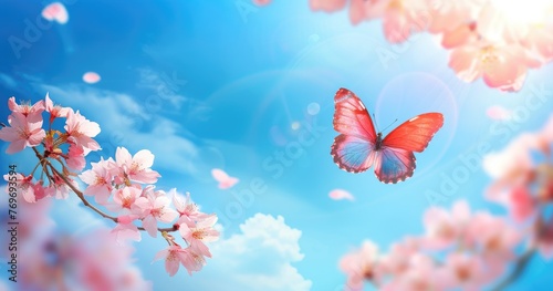 Beautiful pink butterfly and cherry blossom branch in spring on blue sky background, soft focus. Amazing elegant artistic image of spring nature, frame of pink Sakura flowers and butterfly.