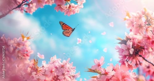 Beautiful pink butterfly and cherry blossom branch in spring on blue sky background, soft focus. Amazing elegant artistic image of spring nature, frame of pink Sakura flowers and butterfly. © inthasone
