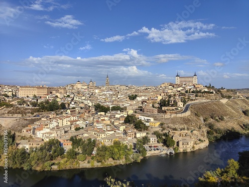 Breathtaking view of the city of Toledo  Spain  situated atop a hill overlooking a river.